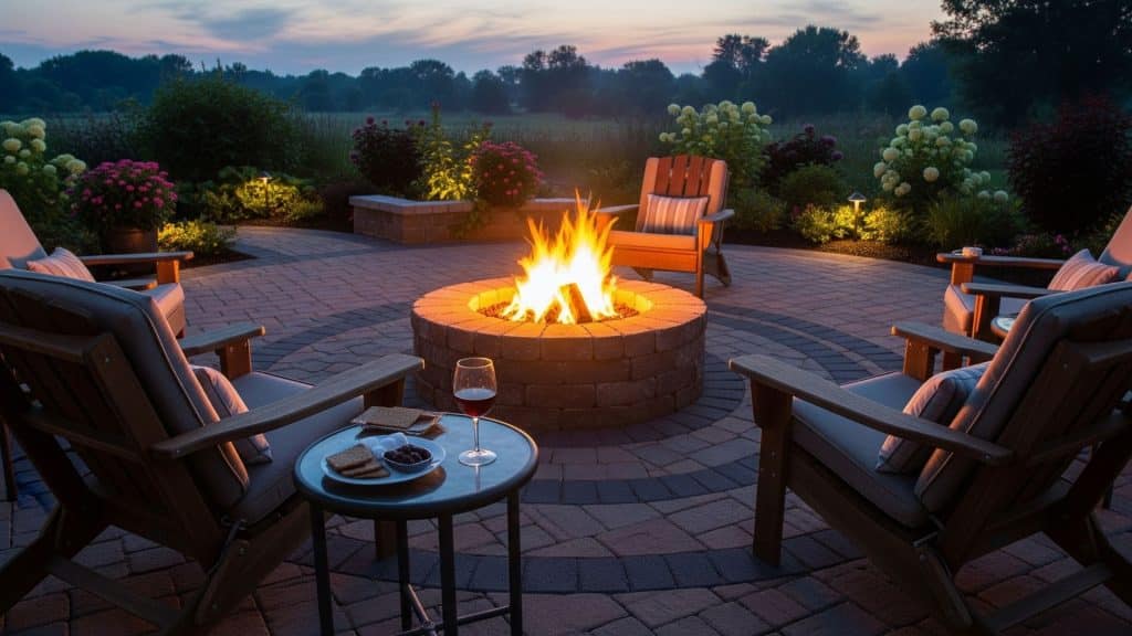 Backyard with firepit lit