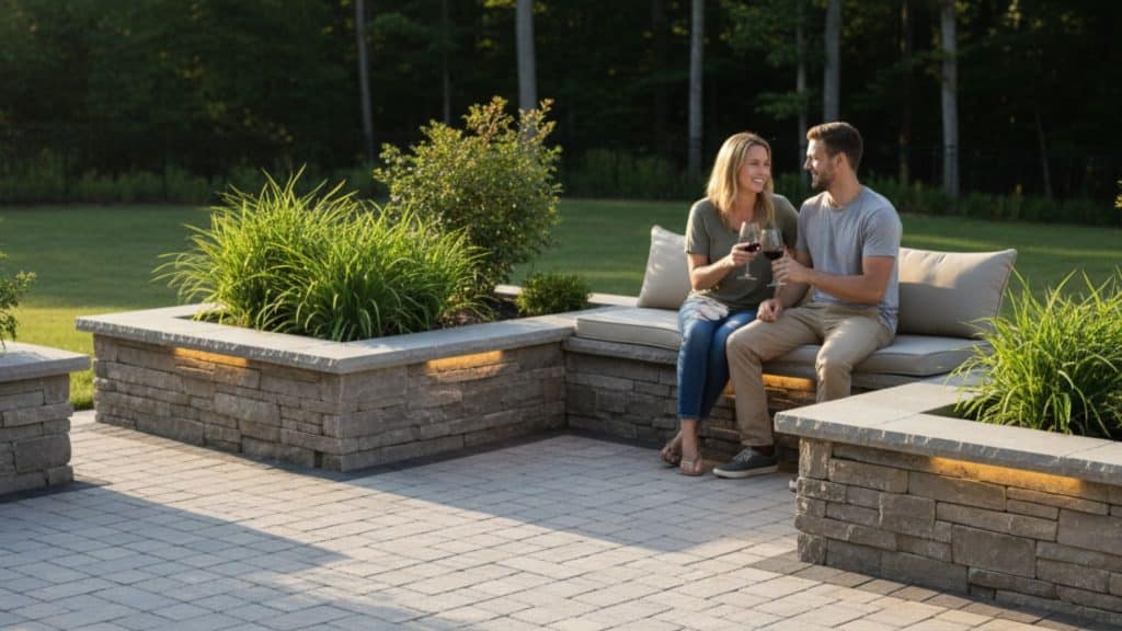 couple enjoying time together outside with designed hardscaping