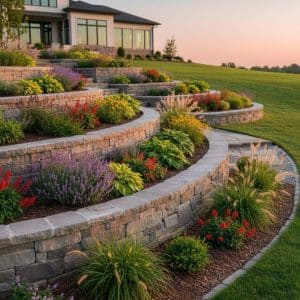 retaining walls and garden beds leading up to a home