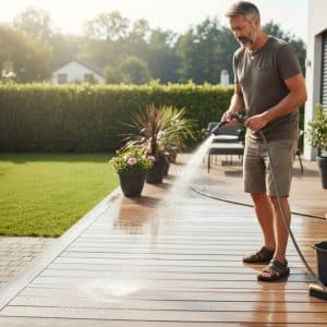 homeowner cleaning his deck